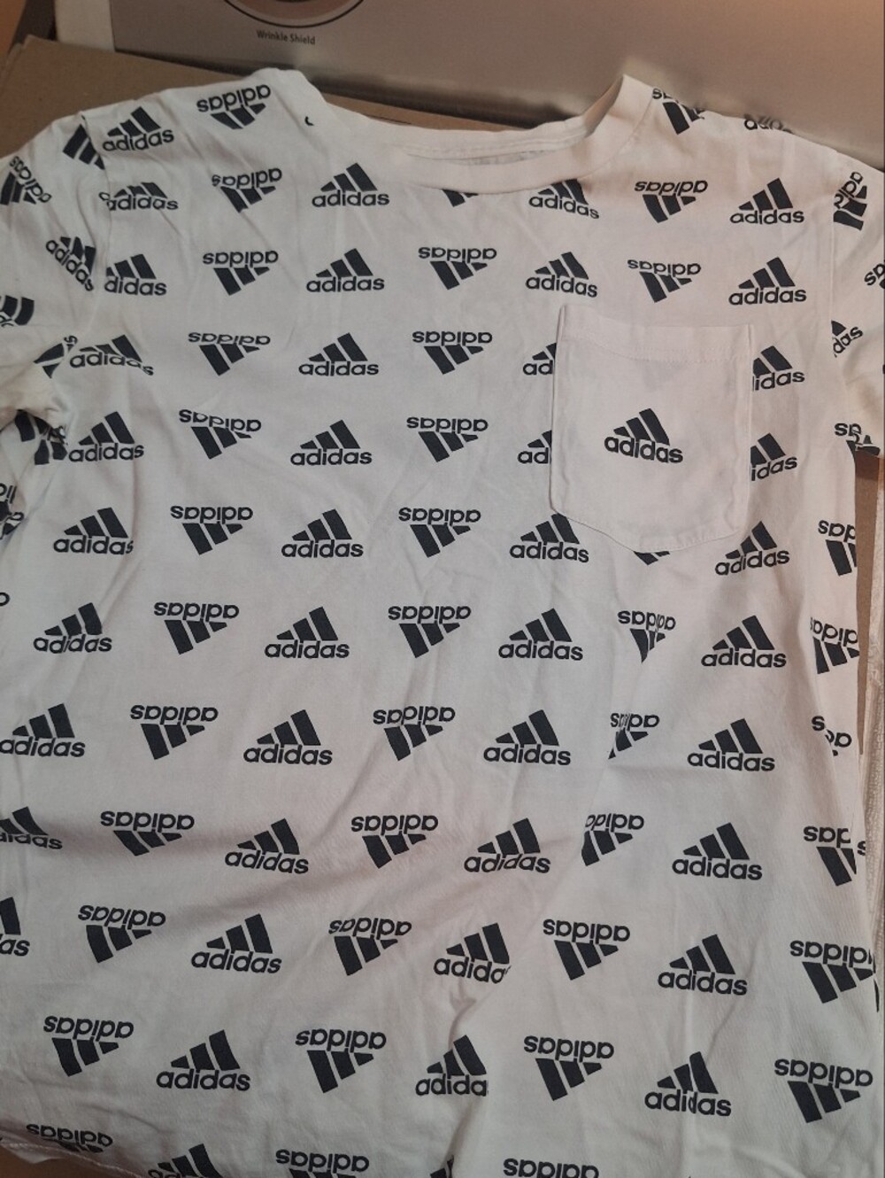 adidas White Tee with Black Logo Allover Print